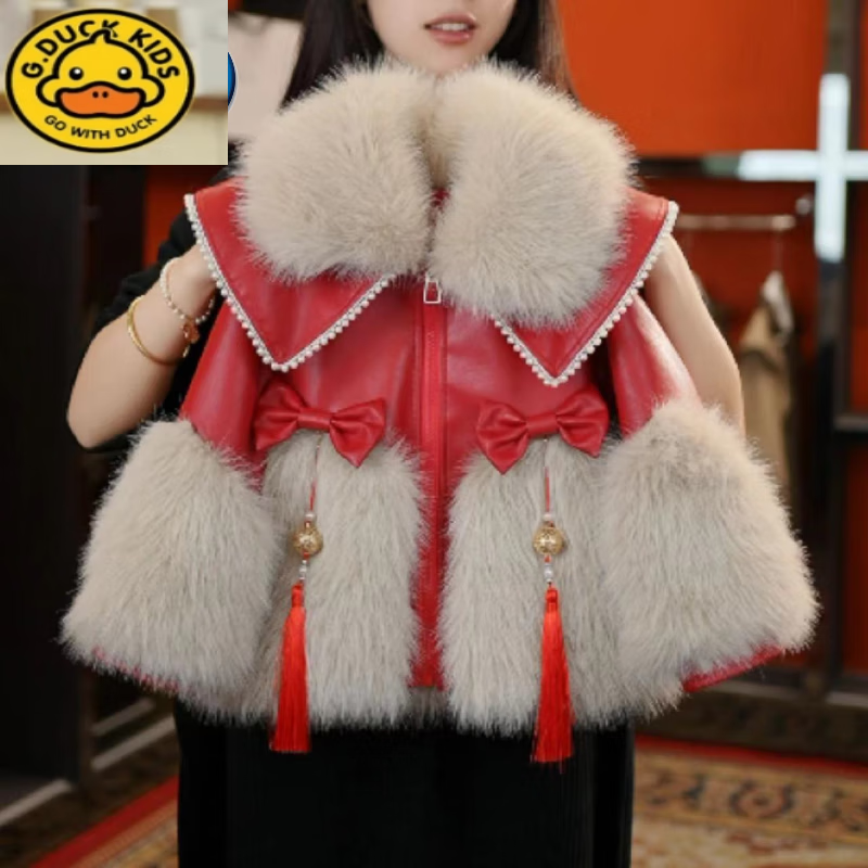 G.DUCKKIDS小黃鴨兒童冬季洋氣仿皮草加絨加厚外套女童2024紅色新款拜年派克 紅色 100