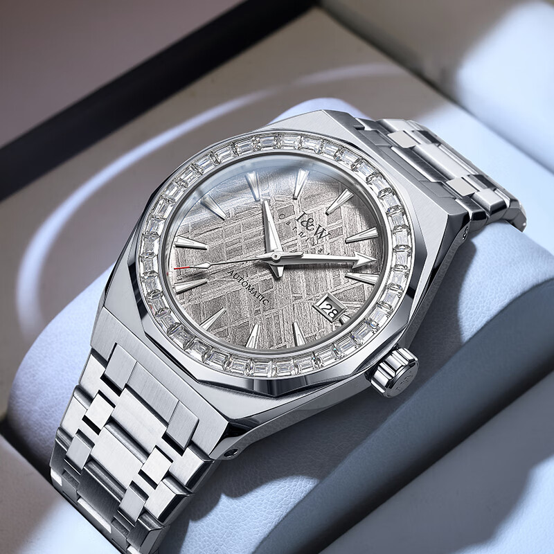 爱沃驰瑞士全自动进口机芯陨石美学50米防水机械表七夕生日礼物送男友 平圈雪花白|进口机芯