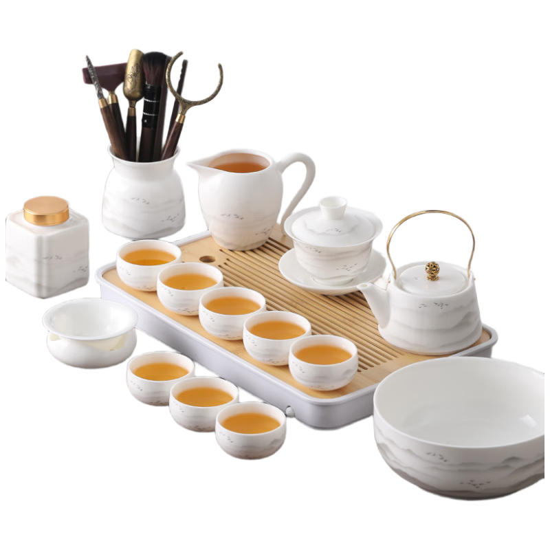 尚言坊羊脂玉白瓷功夫茶具整套高档带茶盘家用办公茶壶茶杯泡茶器全套装