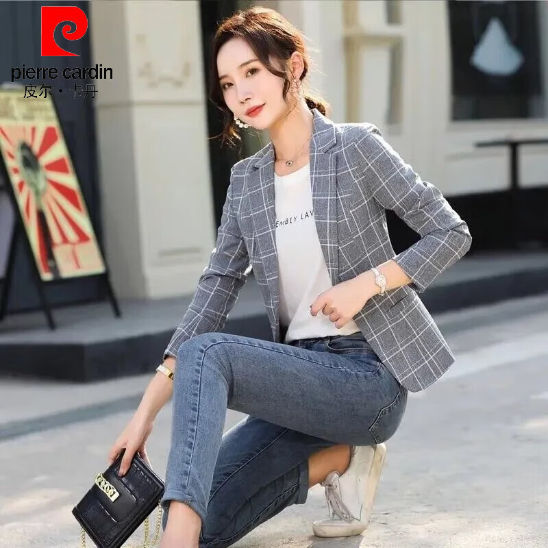 皮尔卡丹（pierre cardin）2026春秋装新款韩版短款修身百搭长袖西服格子小西装外套女上衣女 灰色格 3XL 【建议140-165斤】