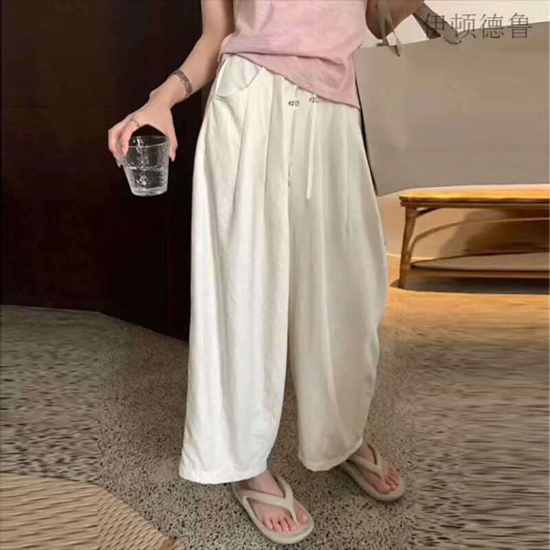 伊頓德魯孕婦褲子夏季薄款外穿新款抽繩休閑寬松闊腿孕婦款蘿卜褲孕婦裝 奶杏 M