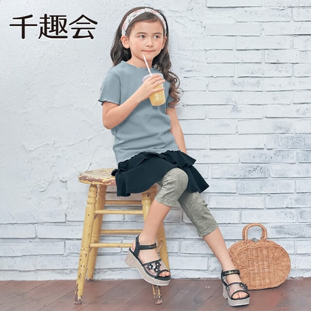 千趣会童装夏款女童儿童木耳边锁边工艺弹力罗纹棉质短袖T恤 本白色x黑色条纹 110 cm