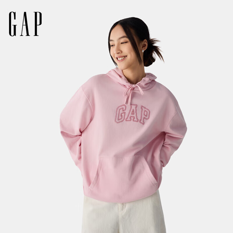 GAP男女装春款logo抽绳连帽口袋卫衣宽松上衣美版708409 粉色 M 美码 L亚洲码180/96A