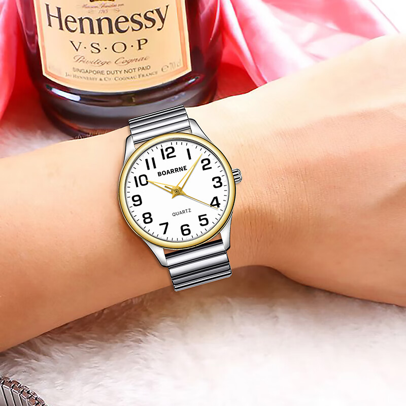 伯恩（BOARRNE）中老年老人手表女式男士大数字夜光防水表送爸妈爷爷奶奶新年礼物 809B-间金松紧带-女表