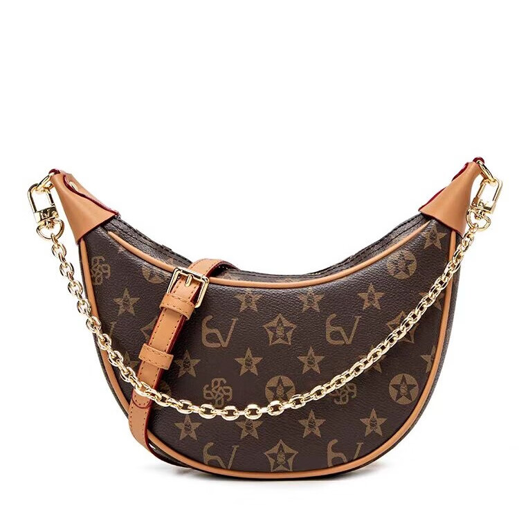 酷奇袋鼠酷奇真皮老花月牙腋下包2025新款高级感链条手提包时尚单肩斜挎包 咖啡色