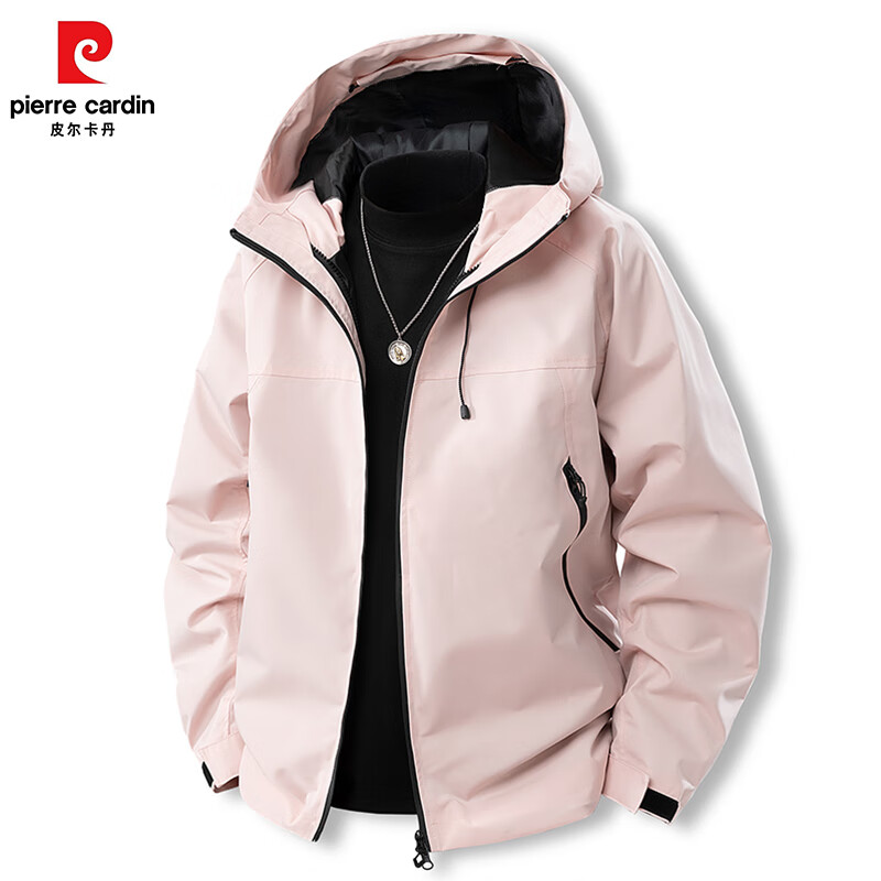 皮尔卡丹春季户外防风防水薄款冲锋衣男女同款单冲情侣款夹克外套登山服 黑色 L