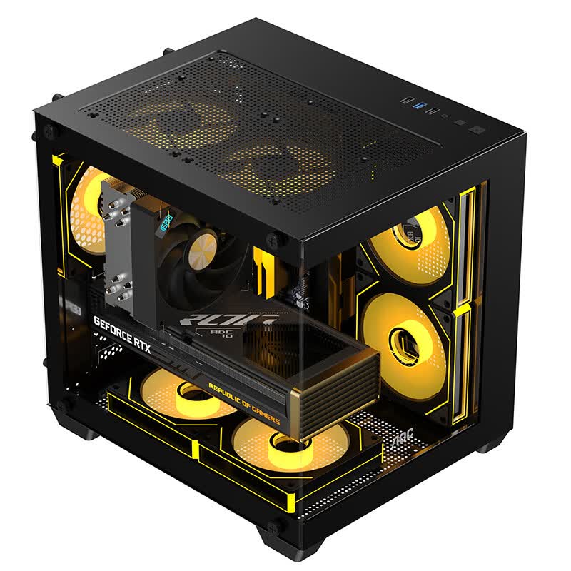 AOC CG381W海景房机箱matx无立柱全景侧透ITX电脑主机箱高颜值DIY台式机游戏电竞水冷白色主机箱小型 CG381B黑+7个寒冰120风扇【4反3正】
