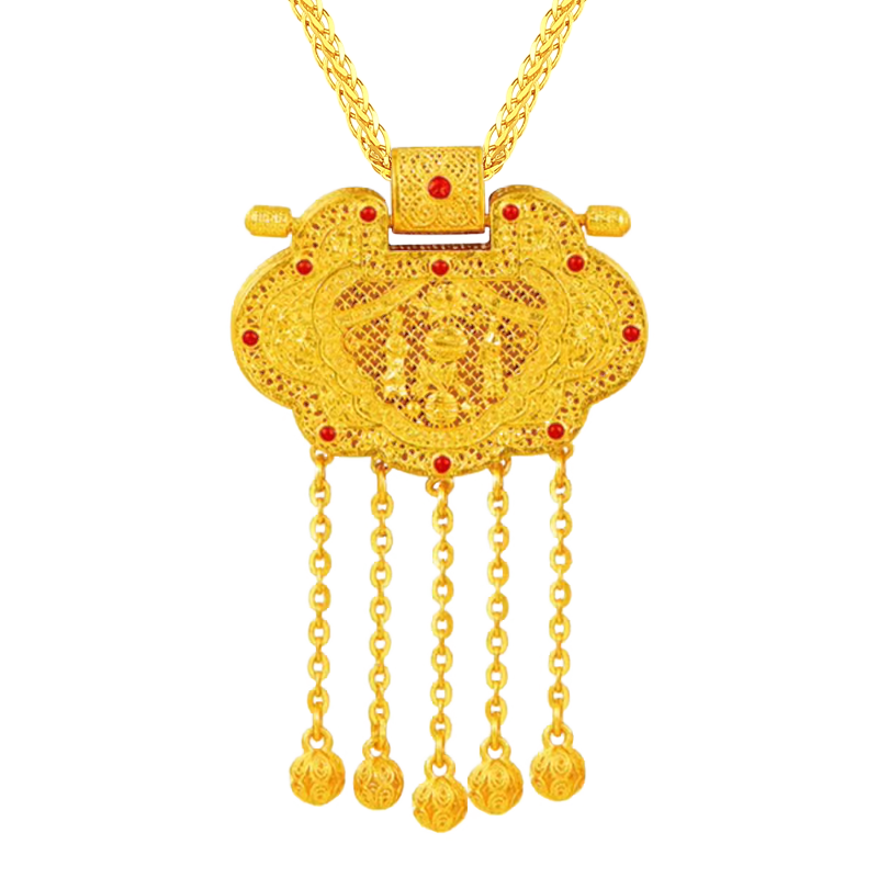 Lossot足金999古法金天子門生黃金吊墜琺瑯彩花絲平安鎖包項(xiàng)鏈生日禮物