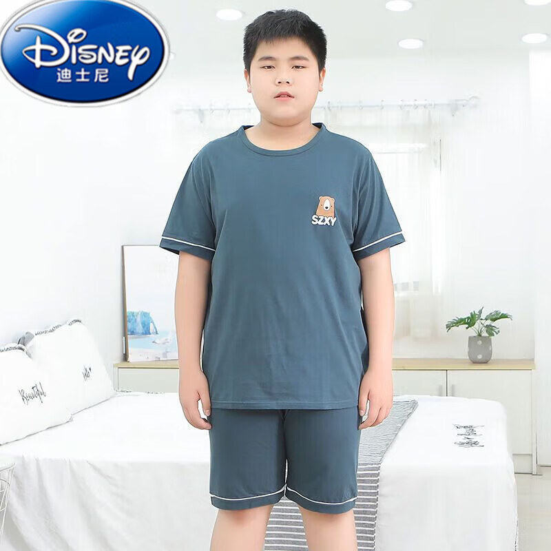 迪士尼（Disney）胖童睡衣套裝加大加肥家居服薄款夏裝寬松短袖套裝胖男童中大童 胖五分P06-綠灰加條 140 建議135-140cm85斤