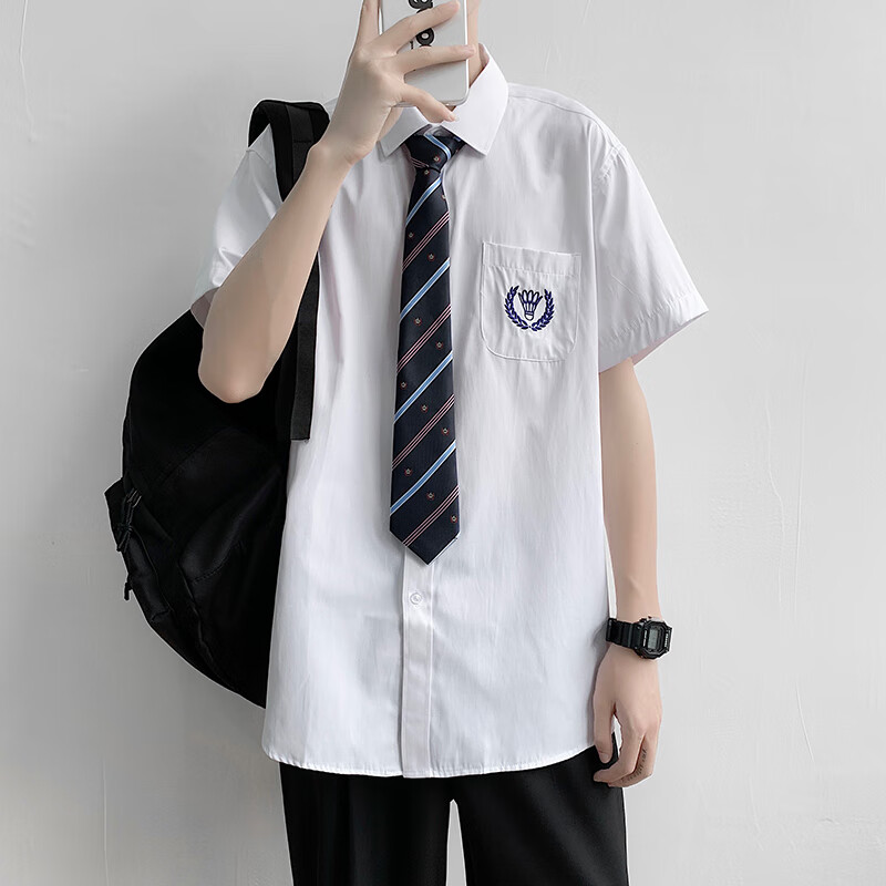 嘉晔dk制服男全套纯白衬衫男长袖领带日系学生休闲百搭jk衬衣套装班服 白色短袖 【刺绣标】 XL 【建议120-140斤】 29元（需用券）