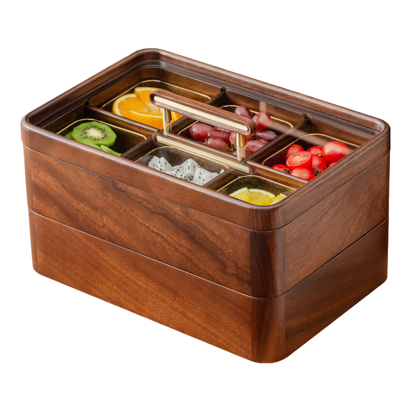 木雅軒胡桃木實木果盤零食盤客廳大號水果盤家用干果收納盒木質糖果盤 雙層六宮格水果盤【含6玻璃碗】