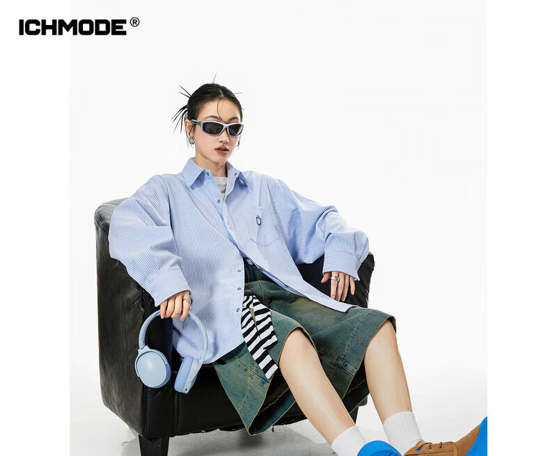 ICH MODE美式复古条纹衬衫女春秋2025新款宽松流行衬衣外套上衣男 黄色 XL