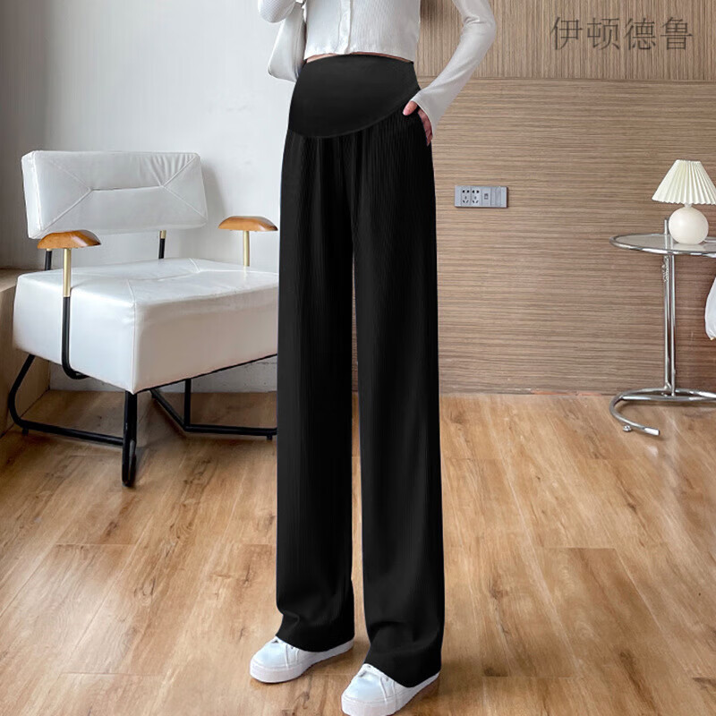 伊頓德魯孕婦褲子夏季薄款托腹外穿春秋長褲寬松休閑時(shí)尚闊腿褲彈力孕婦褲 黑色 XL碼【建議128-150斤】