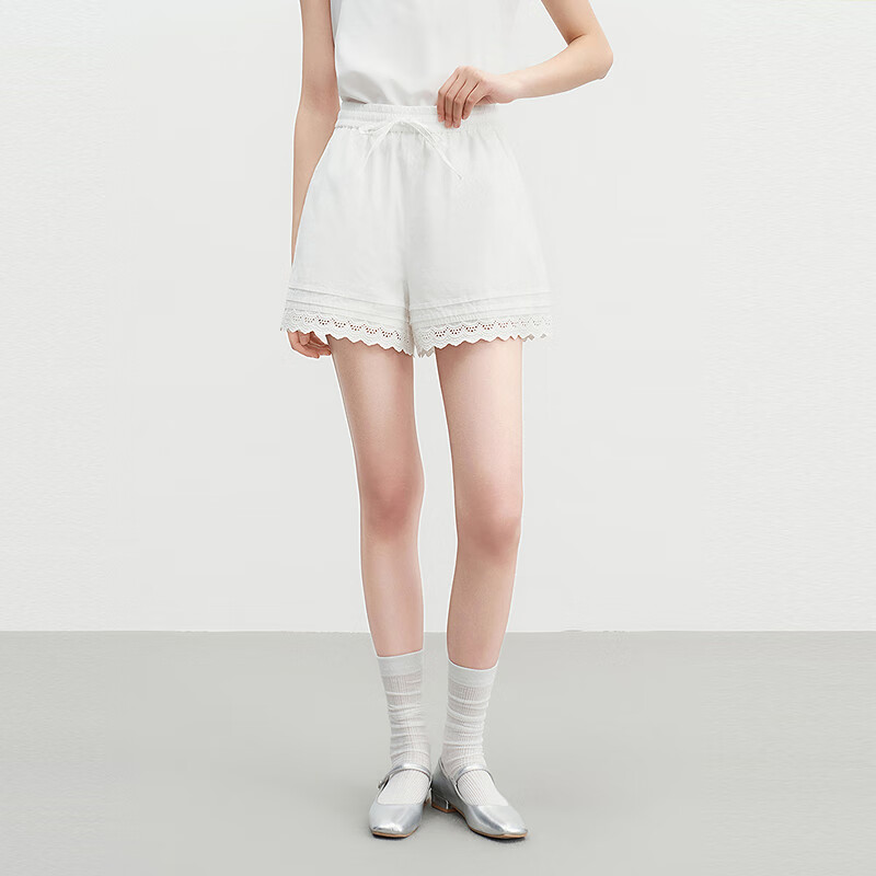 乐町A版花边短裤2025夏新款松紧腰阔腿裤显瘦小个子休闲百搭裤子 亮白（现货） L