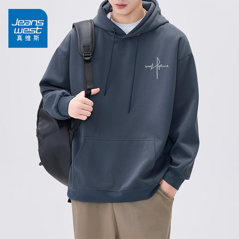 真维斯（Jeanswest）连帽卫衣男2026新款春秋季潮流套头打底衫宽松印花上衣男装 小标线条深灰 L