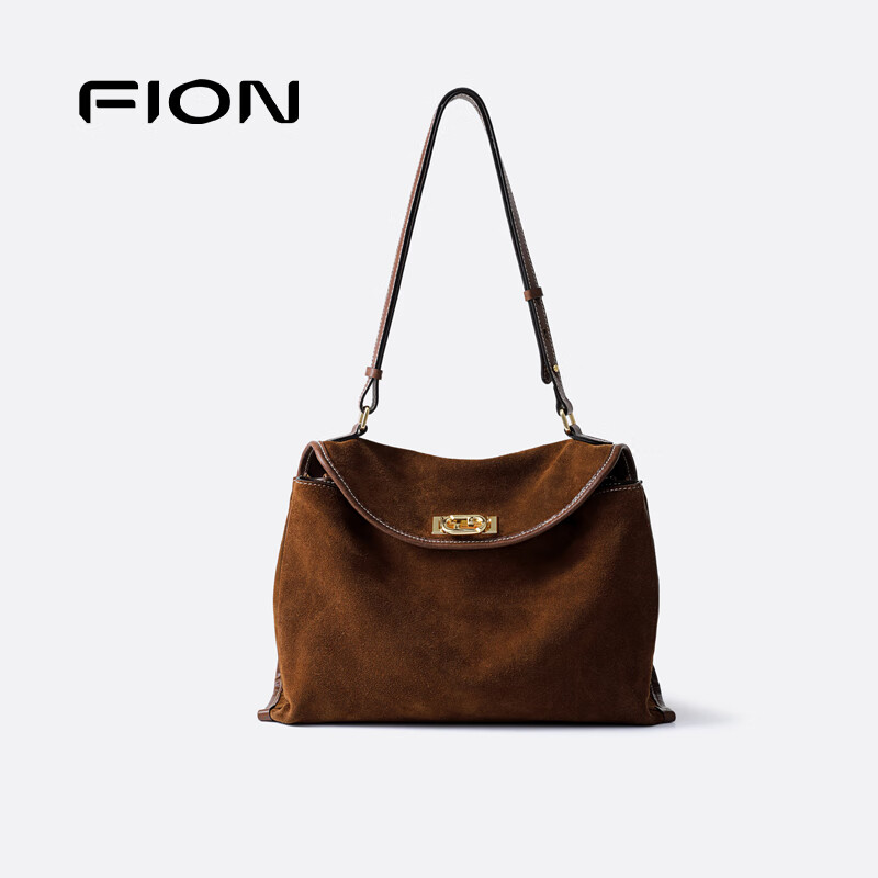 菲安妮(FION)2025新款女包双锁扣高级感托特包单肩包斜挎包圣诞礼物 反绒牛皮复古棕-中款