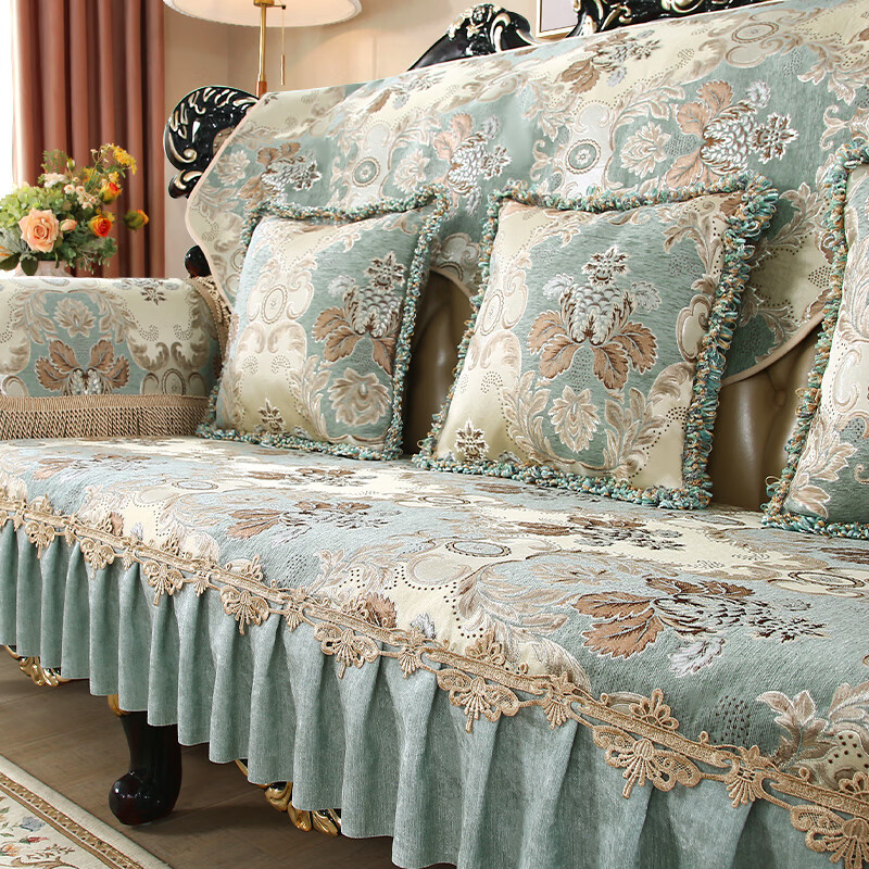 索菲娜 欧式沙发垫四季防滑沙发垫套轻奢高级感皮沙发坐垫巾靠背巾定制 ms温莎堡裙边款-蓝绿[裙摆20cm]# 坐垫(70+裙摆)*180cm一片