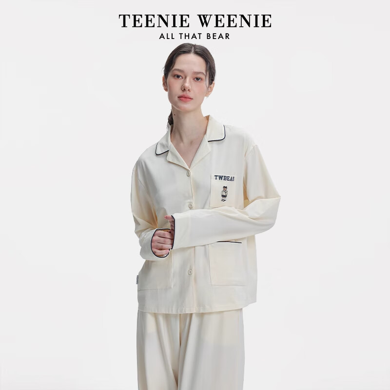 Teenie Weenie小熊睡衣女款春夏季2025新款舒适休闲开衫棉翻领甜美家居服套装 栀子白 M