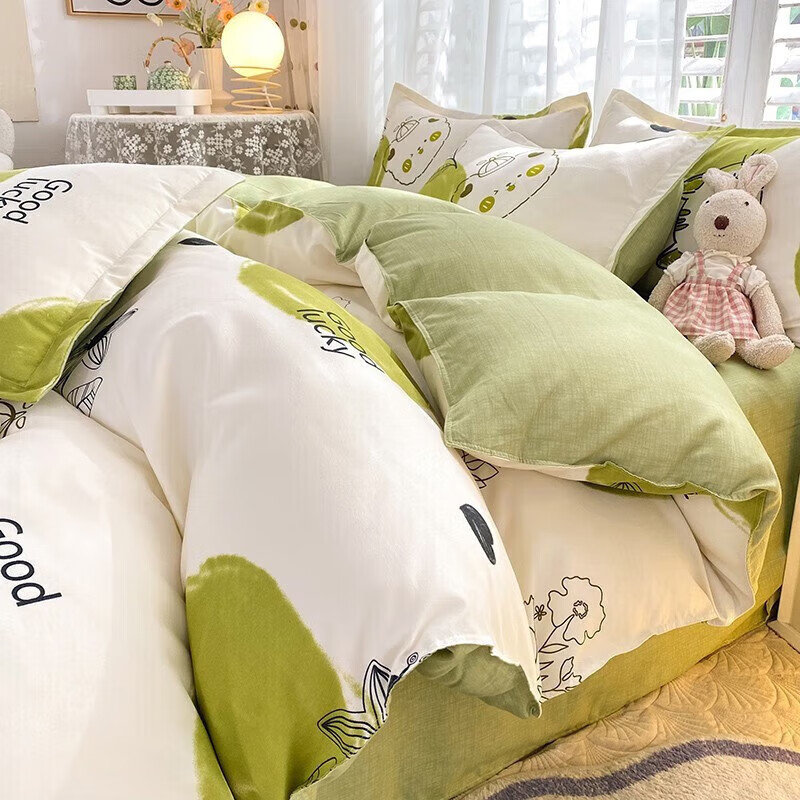 软贝 小清新四件套 透气亲肤 印花卡通简约田园套件被套床单床上用品 青苹果 床单款 2.0m四件套(被套200*230cm