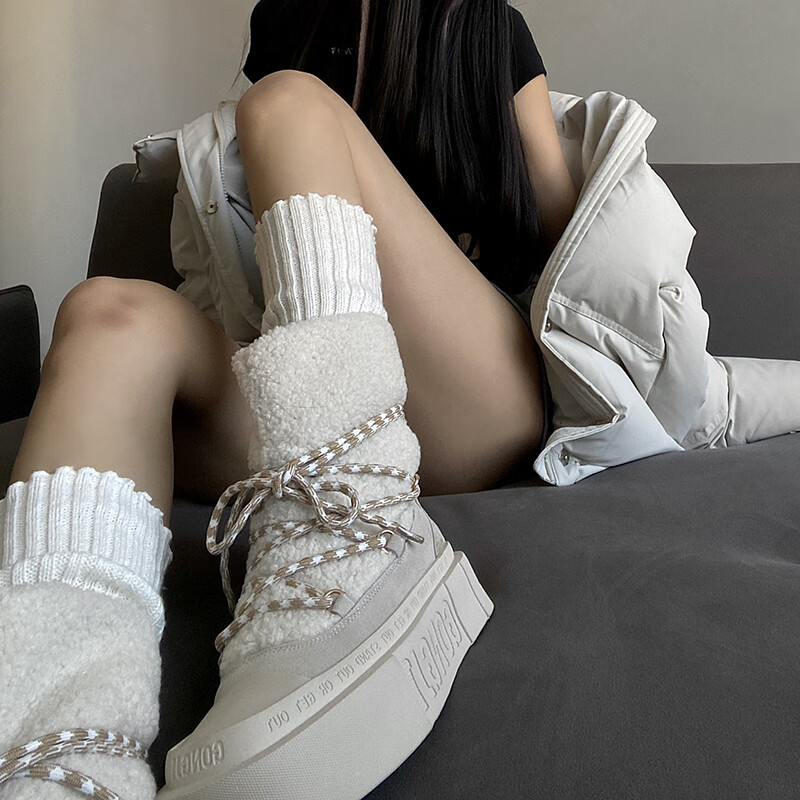 共迹gongji 2025冬季新款加绒雪地靴厚底防滑休闲鞋加厚保暖一脚蹬棉鞋女鞋 柔光白（加绒雪地靴） 36