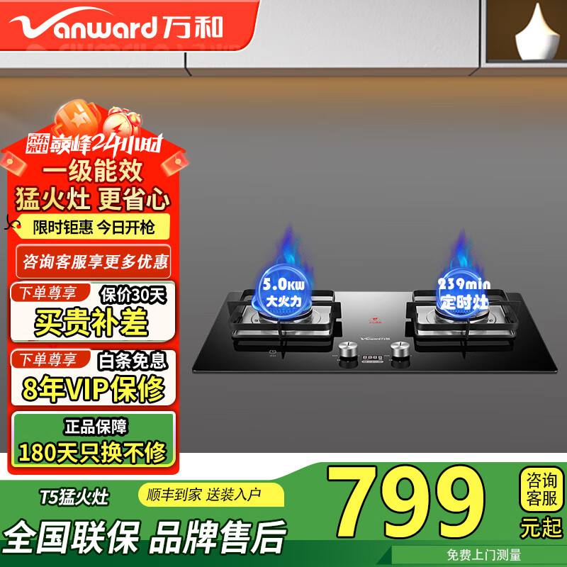 万和（Vanward）5.0kw猛火240min定时烹饪 家用钢化玻璃台式嵌入式台嵌两用双灶燃气灶 JZT-T5L95【天然气  定时灶】