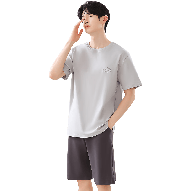 猫人情侣睡衣男士睡衣男100%精梳纯棉宽松套头短袖家居服云雾灰2XL