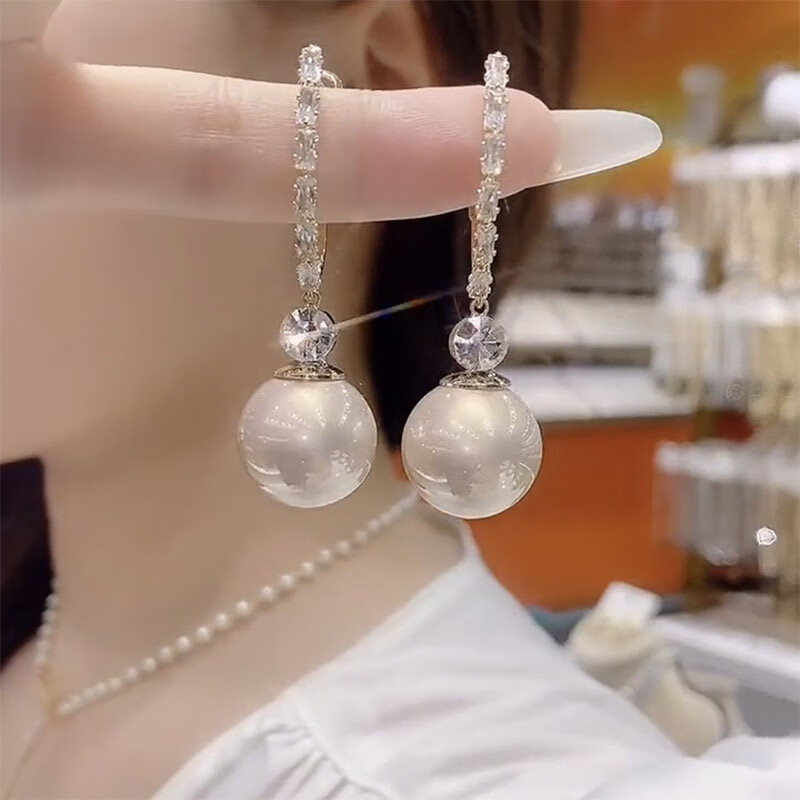 SNQP圆脸大脸适合耳环感大气镶钻香槟色珍珠耳环新款潮气 金色香槟珍珠银针