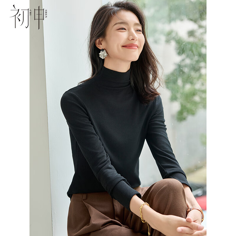初申高领针织衫女基础百搭纯色磨毛高弹叠穿打底衫上衣S143Z3029 黑色 M
