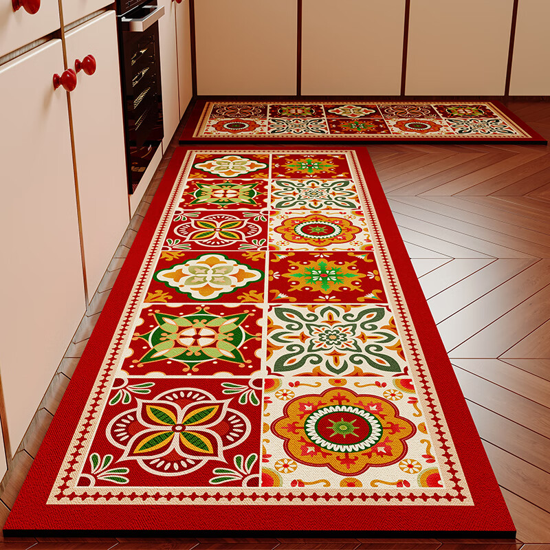 迎菲厨房地垫防水防油厨房地面专用地垫可擦免洗防油红色厨房专用地垫 【95%人选择】蒸蒸日上【升级材质】 40cm*120cm 【耐脏好打理】