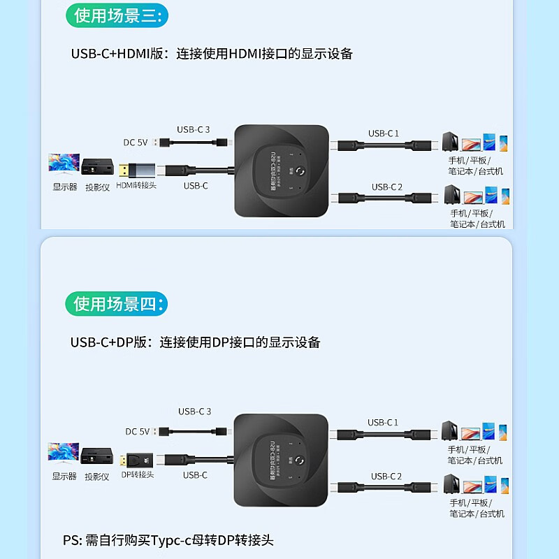 春程USB-C双向切换器分配器二进一出转换器TYPE-C双向互转视频器2进1出共享器8K视觉投屏器PD100W充电