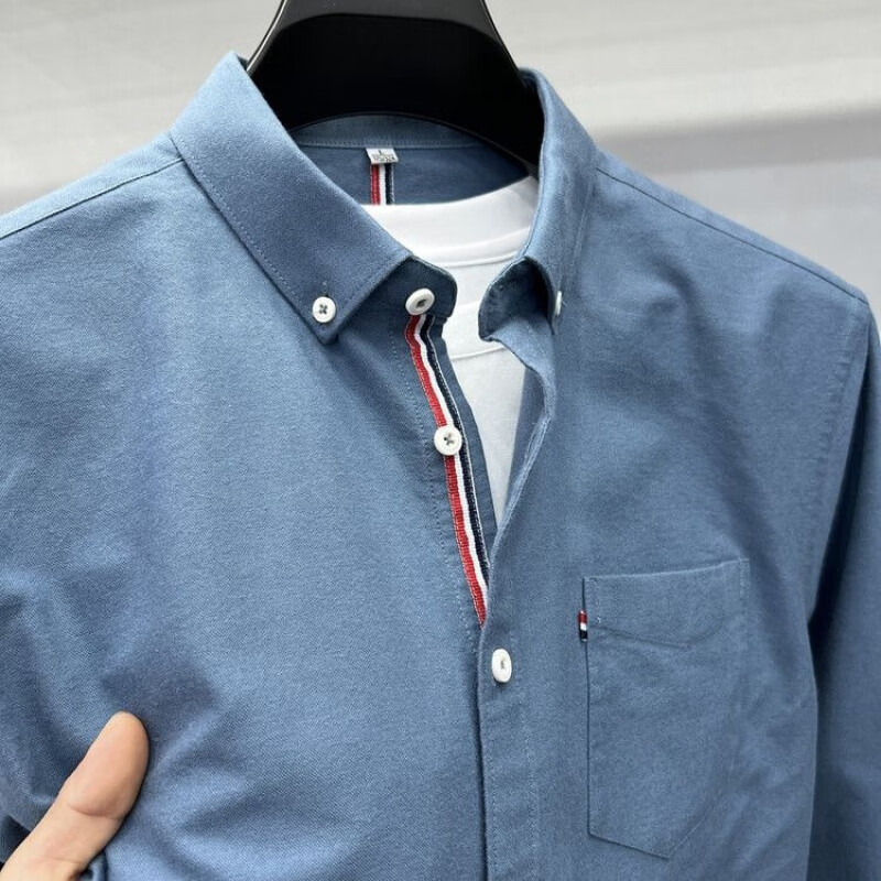 TOMMY JEANS汤米希凯利男士衬衫春秋季休闲全棉免烫口袋商务长袖衬衣男装上衣 绿色 4XL 58190 210斤