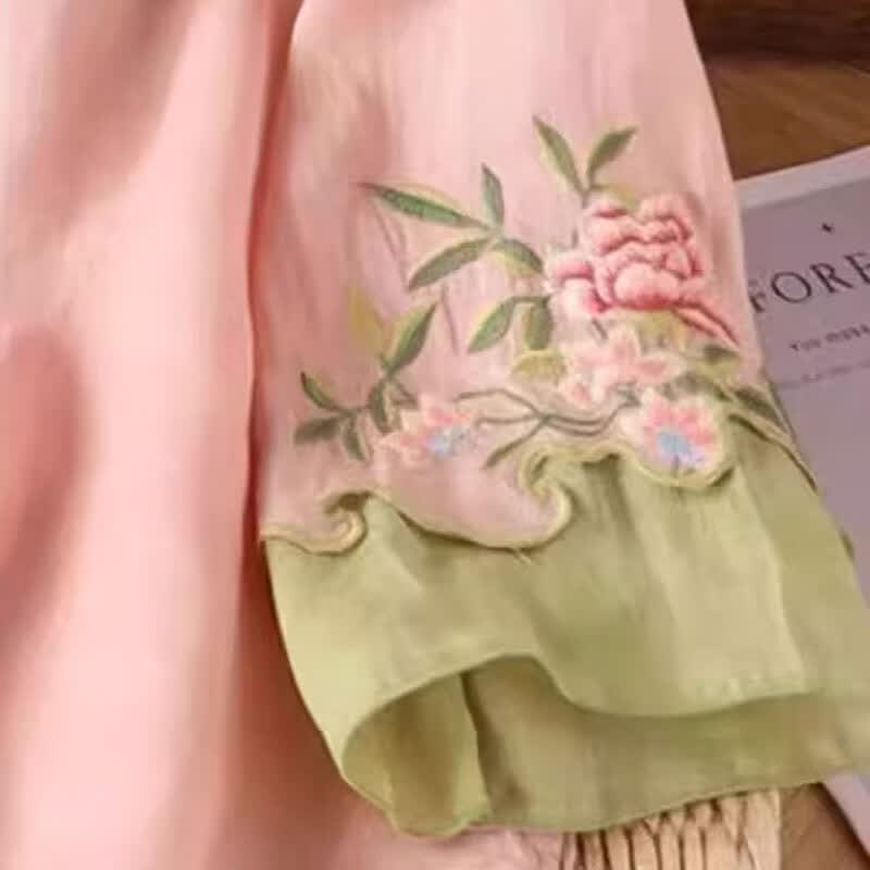 子牧棉麻2025春夏装 女复古绣花衬衫新中式国风刺绣宽松盘扣开衫上衣1220 粉色 2XL (建议135-150斤)