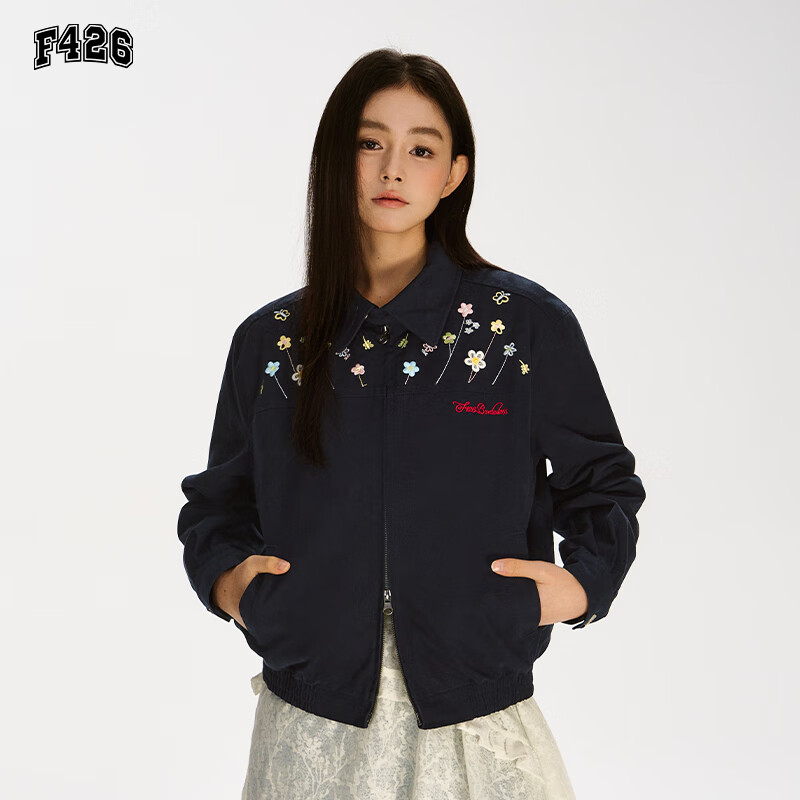 F426国潮牌秋季新款休闲短款彩色立体小花刺绣翻领外套 藏青色 XL