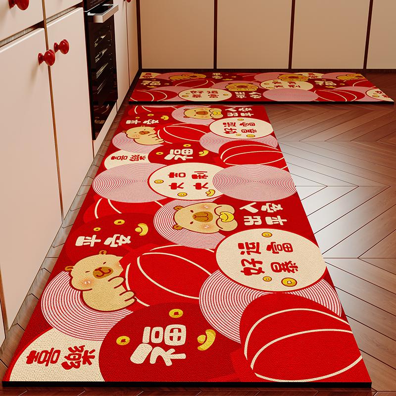 迎菲厨房地垫防水防油厨房地面专用地垫可擦免洗防油红色厨房专用地垫 【95%人选择】蒸蒸日上【升级材质】 40cm*120cm 【耐脏好打理】