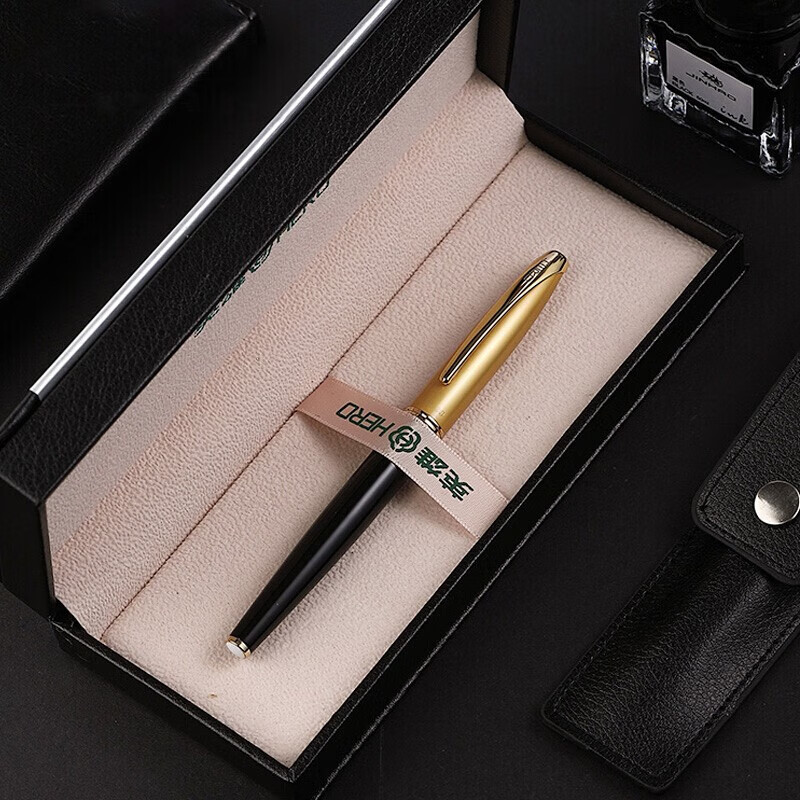 英雄（HERO）【10K金笔】1000钢笔经典暗尖钢笔商务学生练字笔硬笔书法笔签字笔生日礼物可定制钢笔 黑杆金帽10K金笔（约0.5mm）