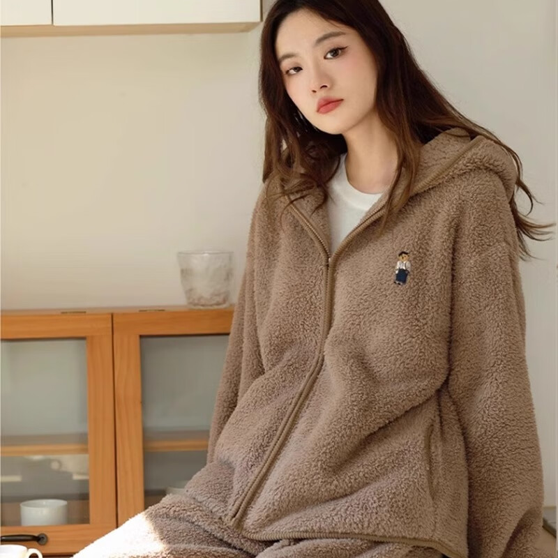 Teenie Weenie小熊新款连帽睡衣女款秋冬季加绒加厚保暖家居服套装 咖啡色 均码