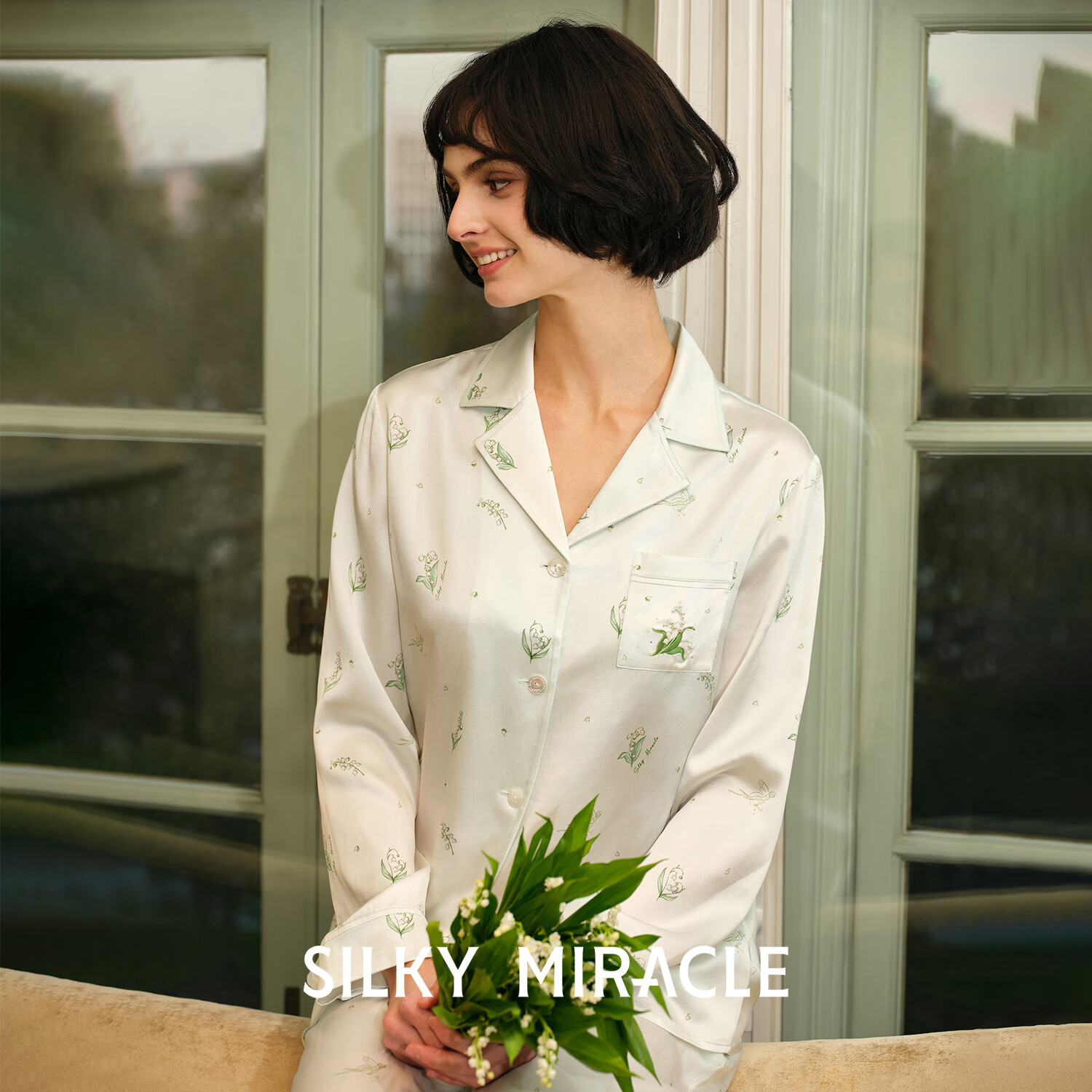 SILKY MIRACLE春夏新款Lily of the valley铃兰真丝睡衣套装女桑蚕丝家居服2025 铃兰真丝印花套装 XS