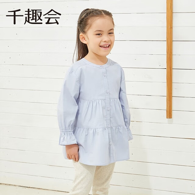 千趣会童装春秋款女童公主风拼接连衣裙棉日系纯色长款衬衫上衣 粉米灰色 110 cm