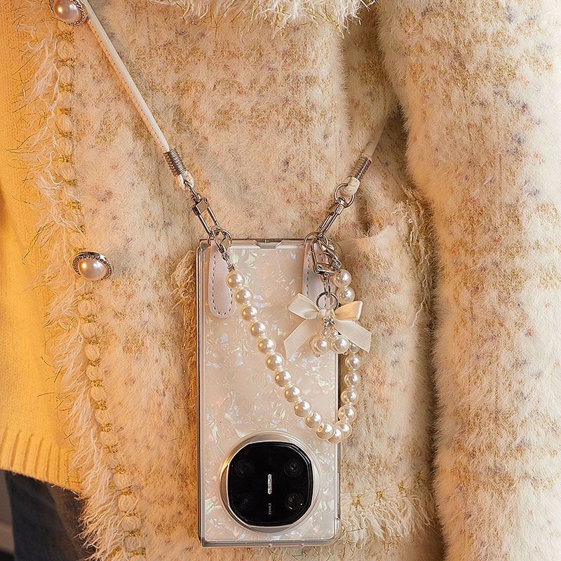 适用华为MateX6手机壳贝壳纹mateX5高级定制x3典藏版后壳前框超薄 彩白贝壳纹+蝴蝶结挂件+手链 华为 Mate X6典藏版