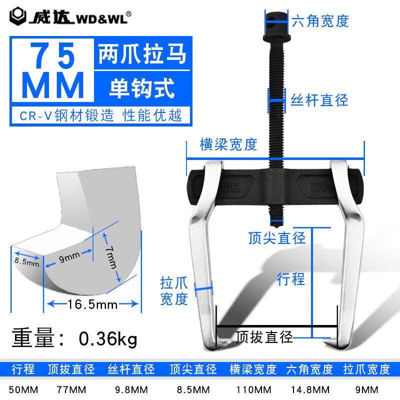 拉馬軸承裝卸工具多功能三爪兩爪切換拉拔器拔輪器頂拔器拉馬單鉤 單鉤式兩爪3寸75mm(60930)