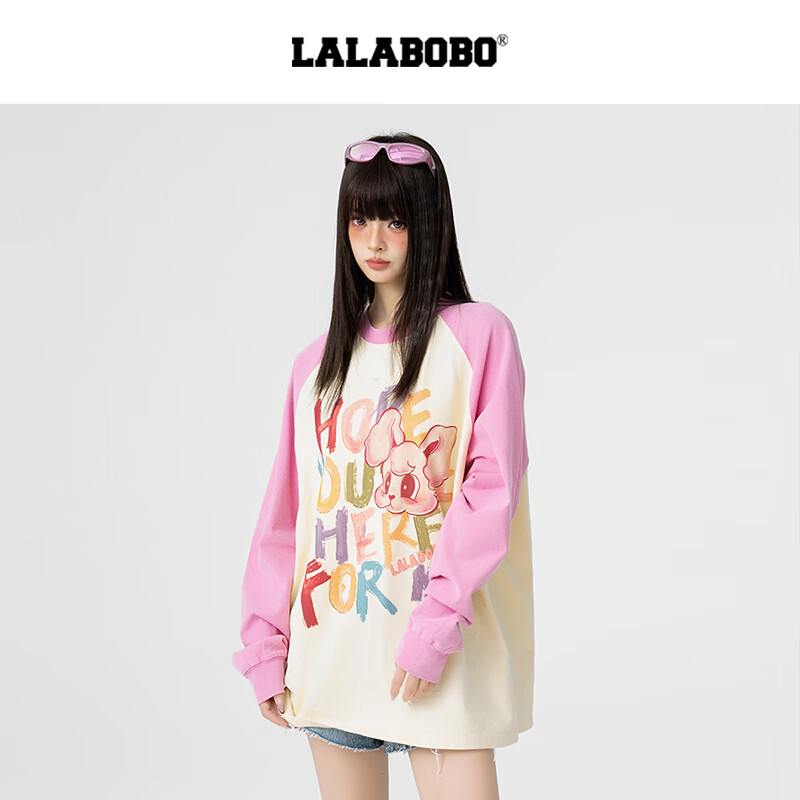 LALABOBO【陈丹妮同款】长袖T恤纯棉多巴胺原创宽松可爱薄卫衣LBEA-WSDT17 粉色 M