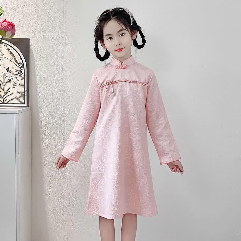 九虞氏儿童唐装旗袍裙女童夏季新中式薄款中国风古装长袖汉服旗袍连衣裙 粉红色 薄款 170 (适合身高156-165cm)
