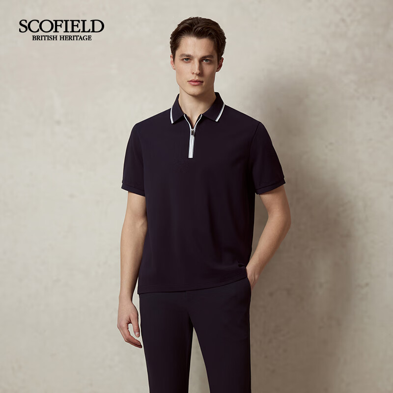 Scofield男士25年夏季新款领边撞色条纹拉链门襟宽松短袖POLO衫 藏青色 XL (180)