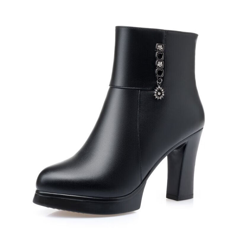 皮鞋冬季中年人女靴子高跟鞋女2022秋冬新款粗跟中筒短皮靴韩版百搭