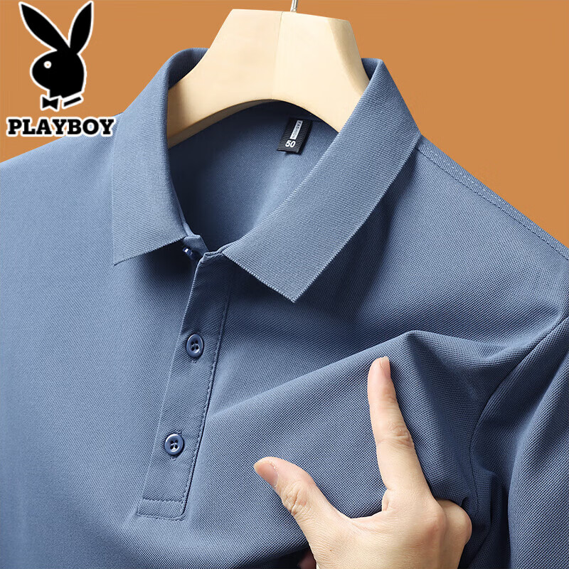 百亿补贴：花花公子（PLAYBOY）polo衫男夏季短袖T恤纯色时尚男装青年男士翻领商务休闲五分袖 蓝色 L