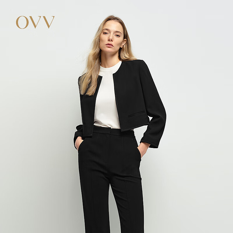 OVV2025春夏新款女装日本进口三醋酸面料经典圆领休闲夹克 赫本黑 XS