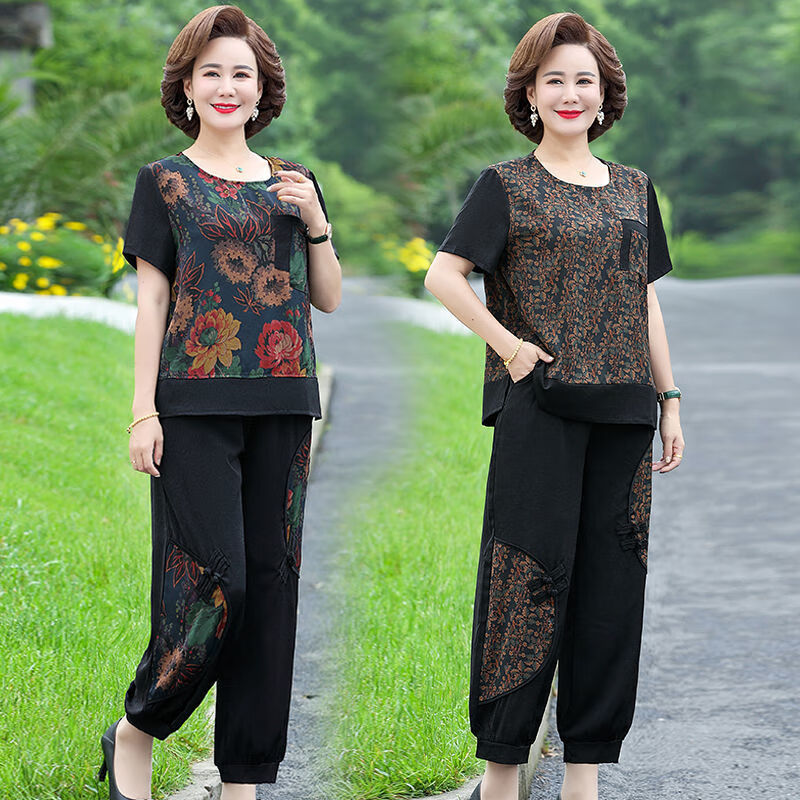 俞兆林(YUZHAOLIN)母亲节大码妈妈夏装休闲套装中老年女装洋气两件套老年人衣服 黑色套装 5XL 建议155-170斤