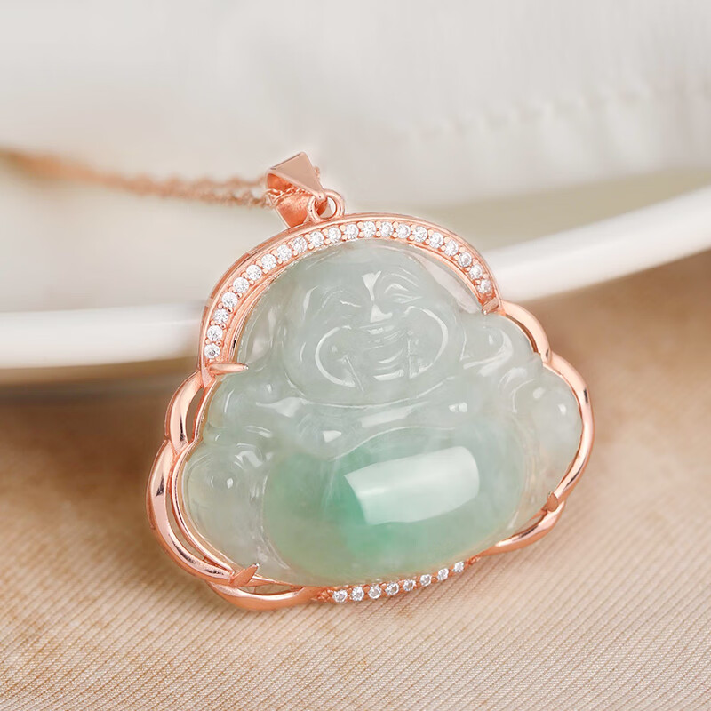 祥祯福珠宝(XIANGZHENFU JEWELRY)冰糯种翡翠玉佛挂件925银镶嵌翡翠吊链飘花笑佛坠项送女友 玫瑰金色 翡翠佛