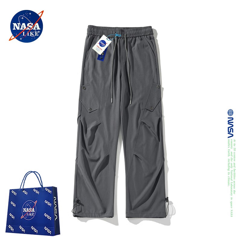 NASALIKE夏季冰丝裤子凉感褶皱工装裤男宽松阔腿伞兵裤百搭速干运动休闲裤 浅灰色 XL (推荐130-150斤)