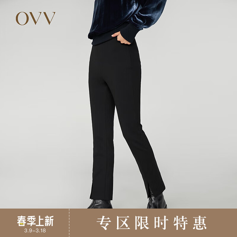 OVV2023秋冬新款女装弹力侧拉链开衩经典基础休闲通勤长裤 黑色（净色）A1 XL
